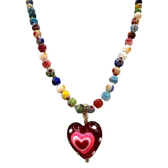New Multicolor Murano Glass Heart Beaded Pendant Necklace - Picture 9 of 12